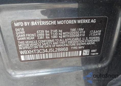 2018 BMW X1 xDrive28I из США, поврежденный, VIN WBXHT3C34J5L28868